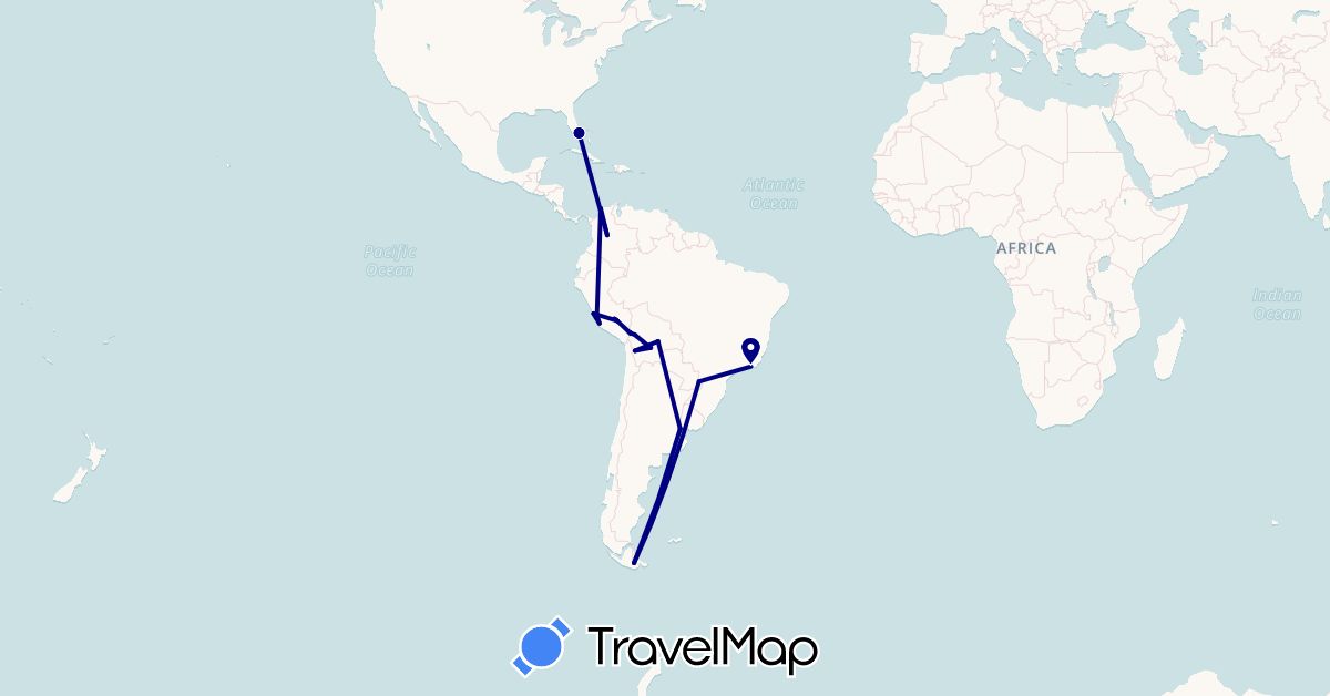TravelMap itinerary: driving in Argentina, Bolivia, Brazil, Colombia, Peru, United States (North America, South America)